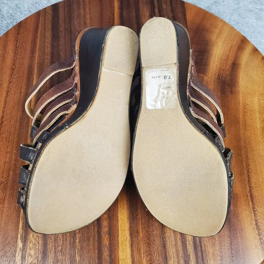 Bed Stu Sandals Women's 7 Brown Black Leather Gina Wedge Straps Slip On Platform - Picture 9 of 11